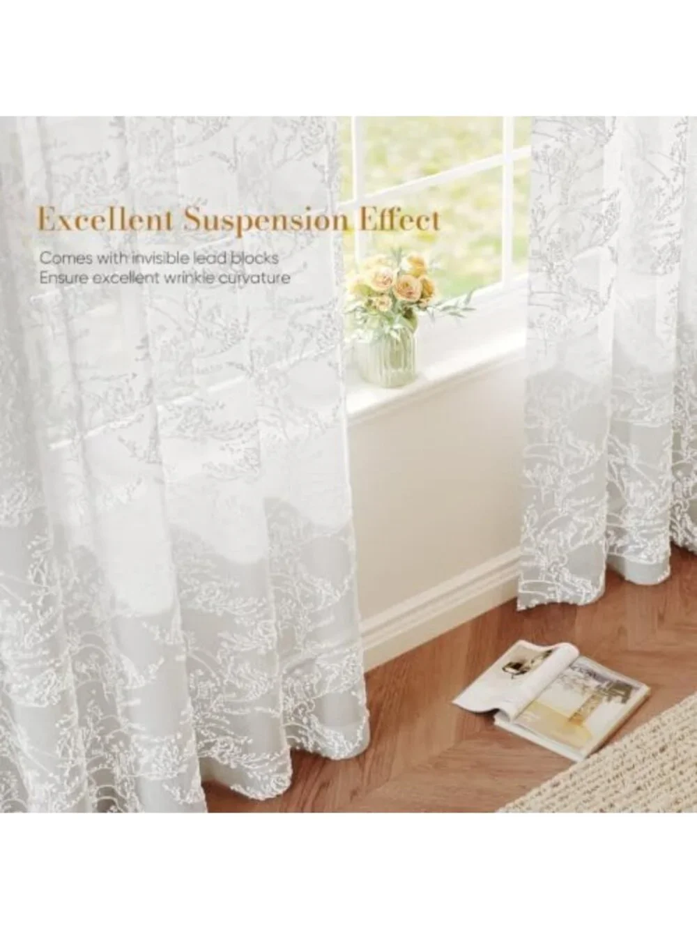3D Floral Lace Curtains Set - Semi-Sheer Light Filtering Drapes, 96